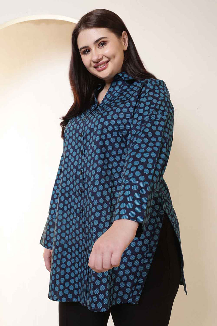 Plus Size Navy & Teal Polka Print High Slit Styled Cuff Cotton Shirt