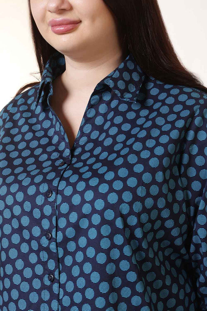 Plus Size Navy & Teal Polka Print High Slit Styled Cuff Cotton Shirt