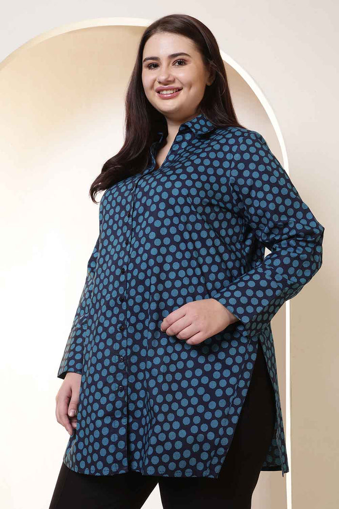 Plus Size Navy & Teal Polka Print High Slit Styled Cuff Cotton Shirt