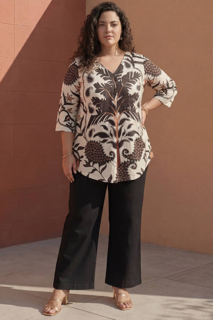 Plus Size Off White Placement Printed Centre Pleat Top