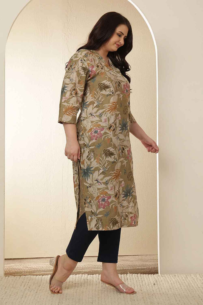 Plus Size Olive Floral Print V Neck Kurta