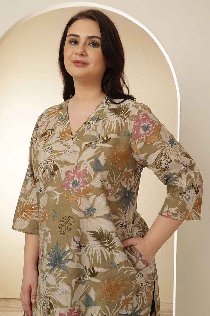 Plus Size Olive Floral Print V Neck Kurta