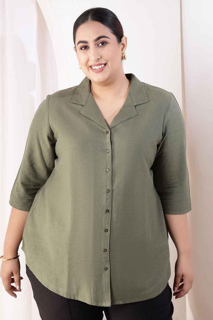 Plus Size Olive Green Cotton Linen Cuban Collar Shirt