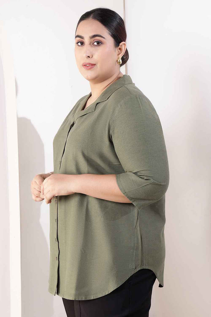 Plus Size Olive Green Cotton Linen Cuban Collar Shirt