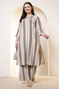 Plus Size Olive Striped Cotton Kurta Coord Set