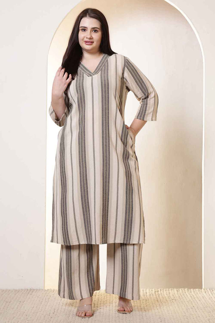Plus Size Olive Striped Cotton Kurta Coord Set