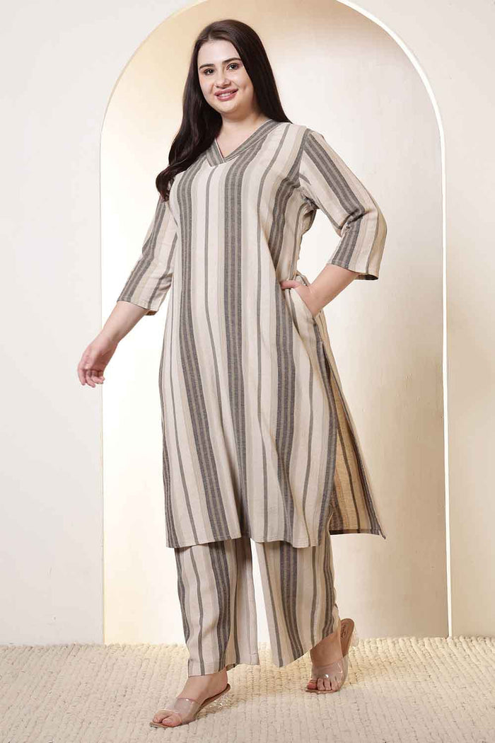 Plus Size Olive Striped Cotton Kurta Coord Set