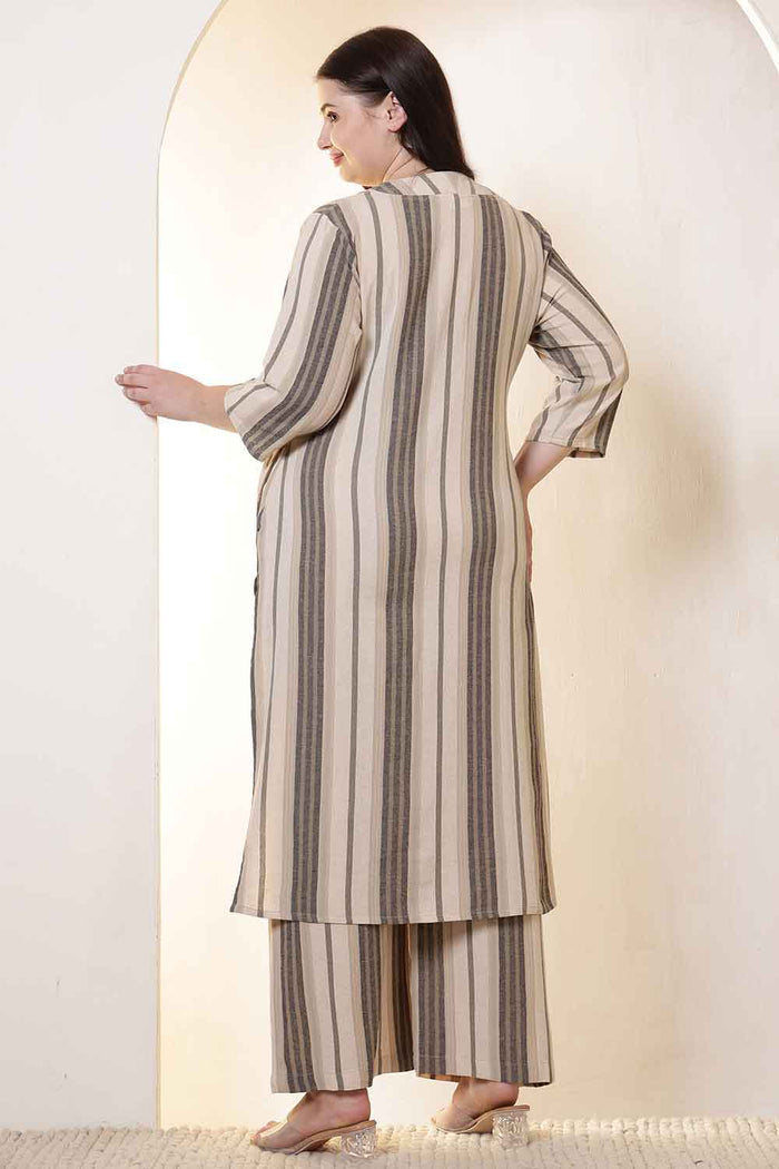 Plus Size Olive Striped Cotton Kurta Coord Set