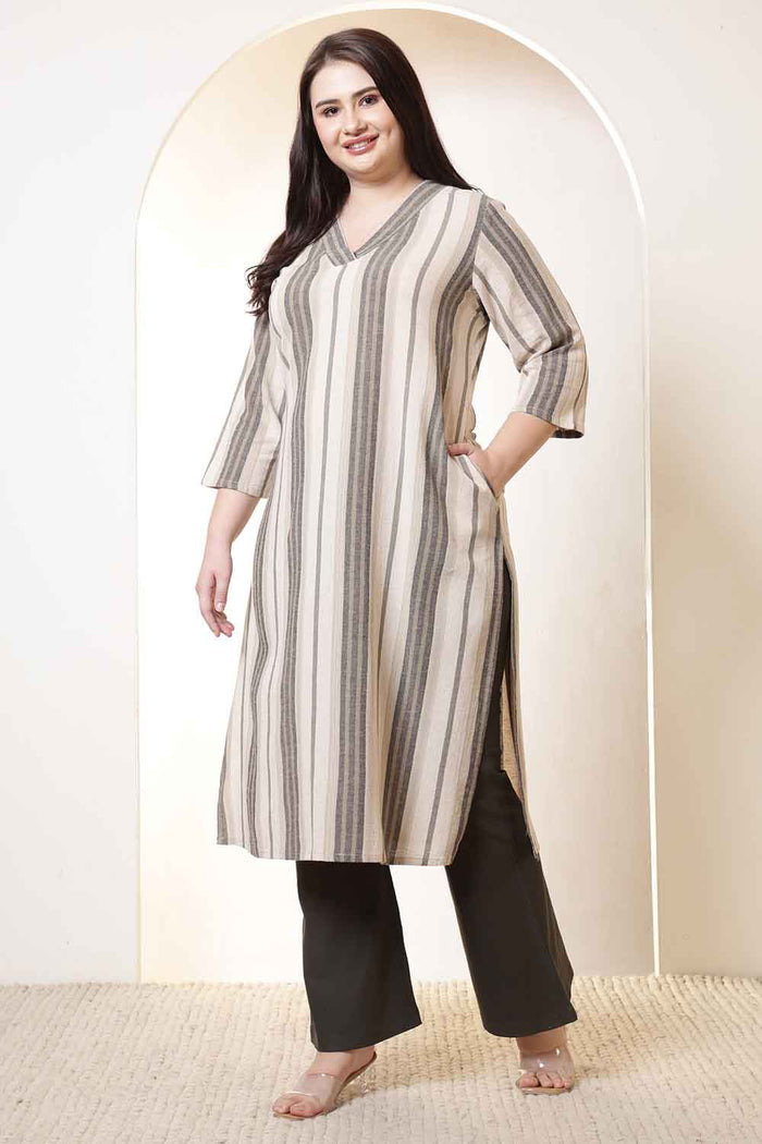 Plus Size Olive Striped V Neck Cotton Kurta