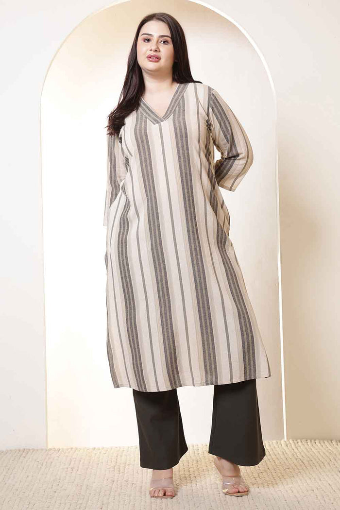 Plus Size Olive Striped V Neck Cotton Kurta
