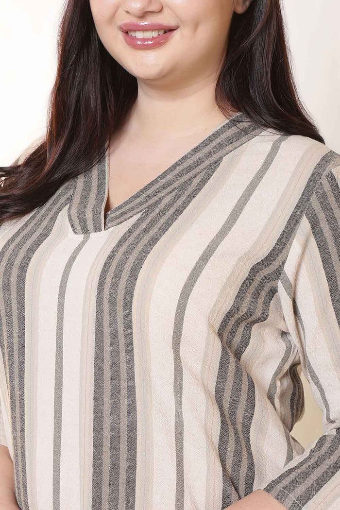Plus Size Olive Striped V Neck Cotton Kurta