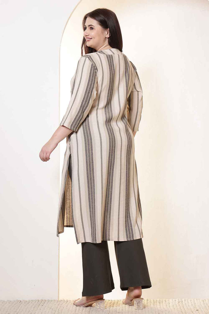 Plus Size Olive Striped V Neck Cotton Kurta
