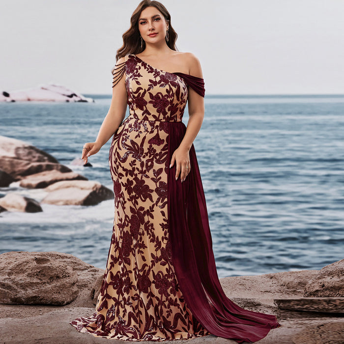 Plus Size One Shoulder Floral Mermaid Prom Gown with Draped Chiffon - Rosymae