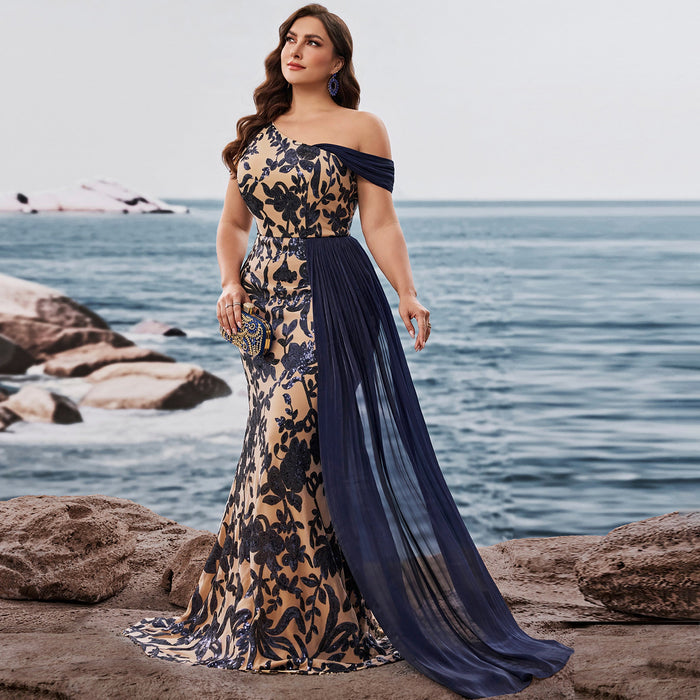 Plus Size One Shoulder Floral Mermaid Prom Gown with Draped Chiffon - Rosymae