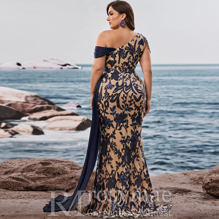 Plus Size One Shoulder Floral Mermaid Prom Gown with Draped Chiffon - Rosymae