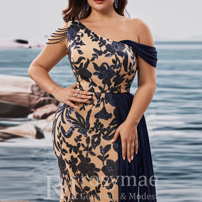 Plus Size One Shoulder Floral Mermaid Prom Gown with Draped Chiffon - Rosymae