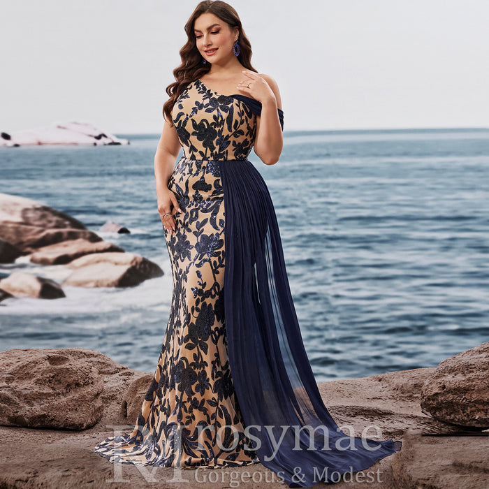 Plus Size One Shoulder Floral Mermaid Prom Gown with Draped Chiffon - Rosymae