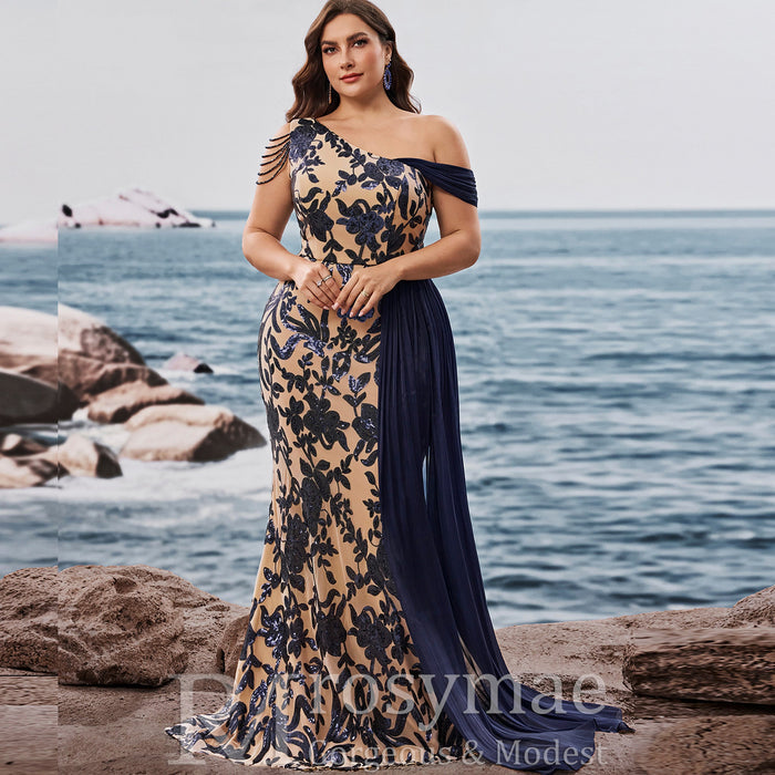 Plus Size One Shoulder Floral Mermaid Prom Gown with Draped Chiffon - Rosymae
