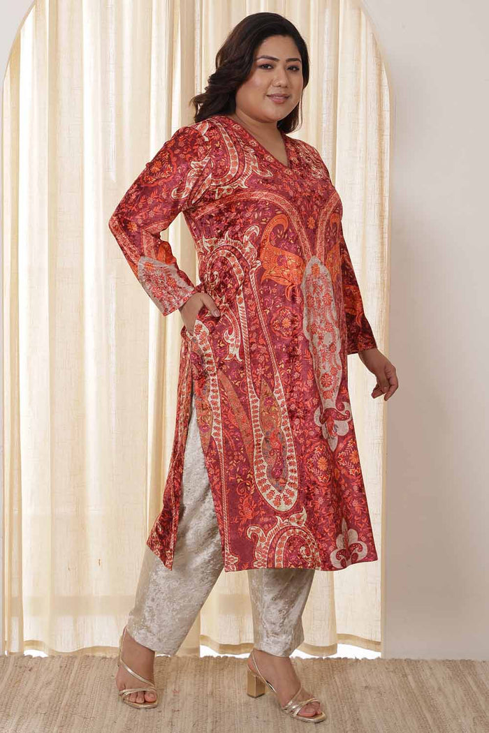 Plus Size Orange Ethnic Velvet Kurta