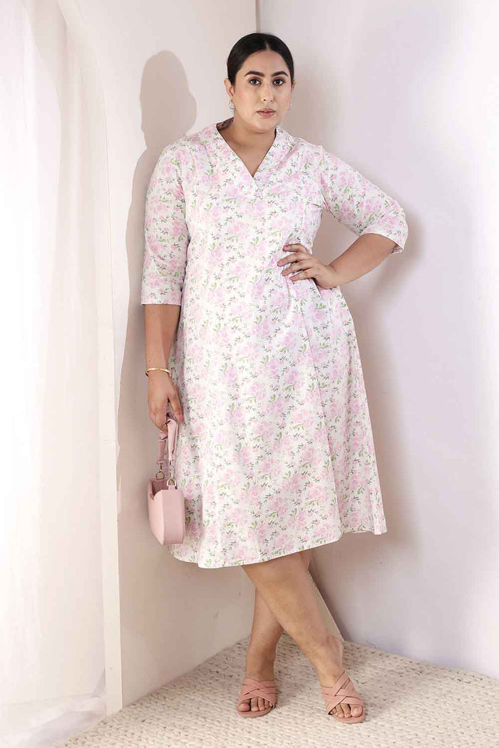 Plus Size Pink Floral Cotton Midi Dress