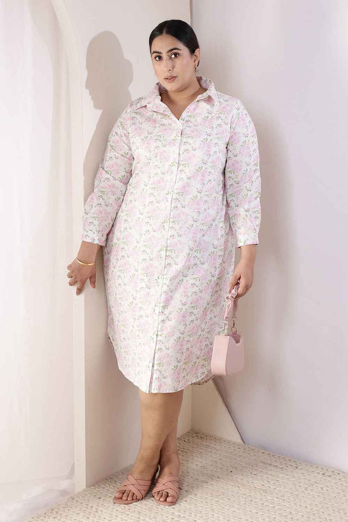 Plus Size Pink Floral Cotton Shirt Dress