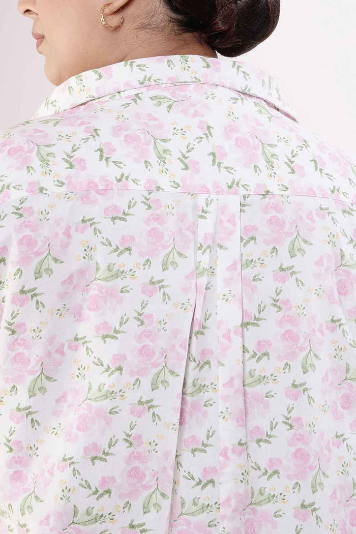 Plus Size Pink Floral Cotton Shirt Dress