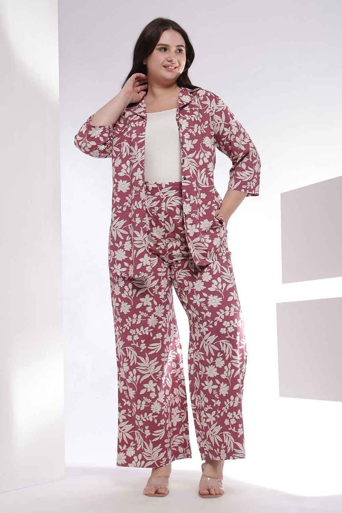 Plus Size Purple Taupe Floral Print Shirt Coord Set