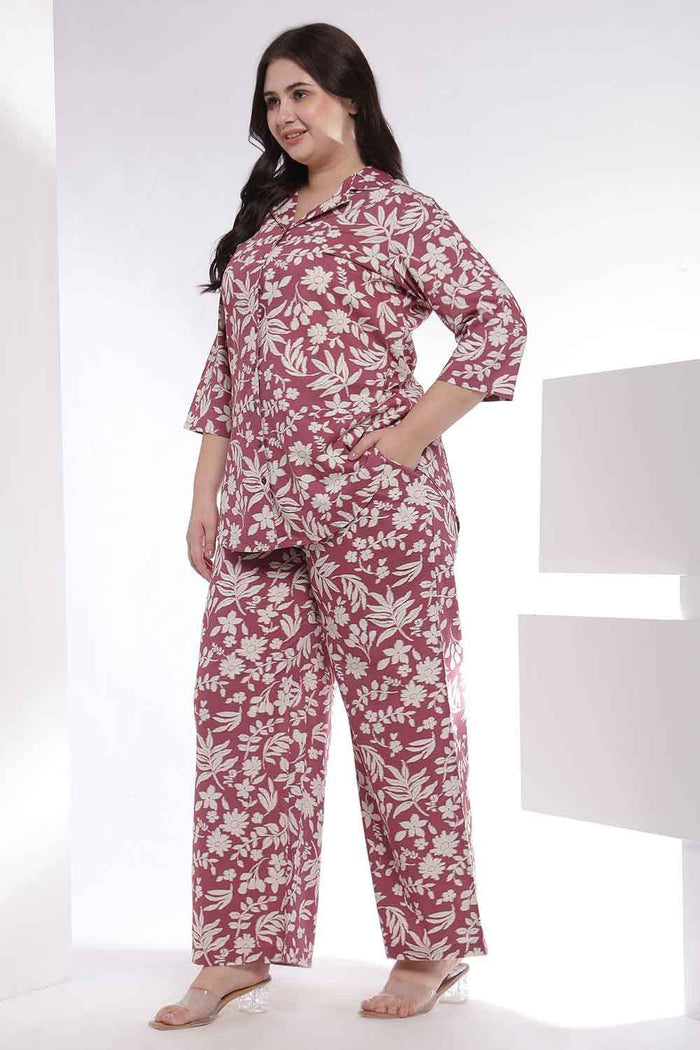 Plus Size Purple Taupe Floral Print Shirt Coord Set
