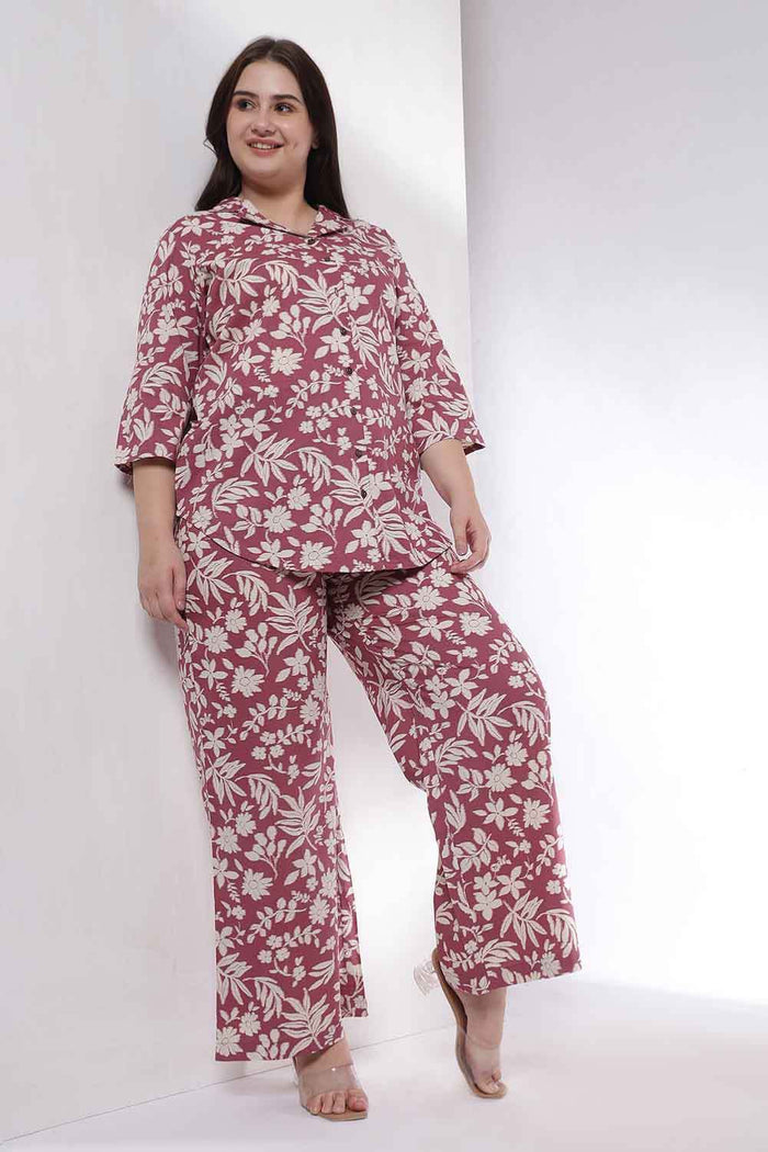 Plus Size Purple Taupe Floral Print Shirt Coord Set