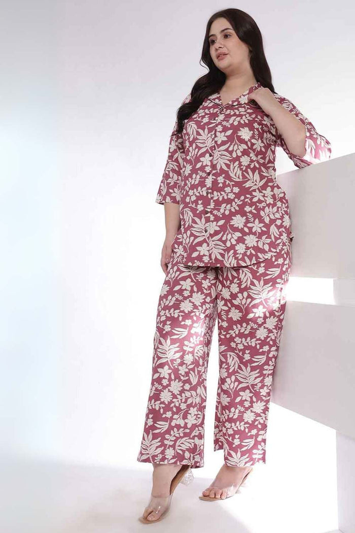 Plus Size Purple Taupe Floral Print Shirt Coord Set