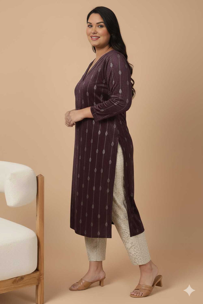 Plus Size Purple V Neck SnugWeave™ Winter Kurta