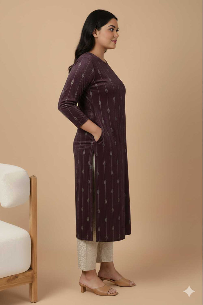 Plus Size Purple V Neck SnugWeave™ Winter Kurta