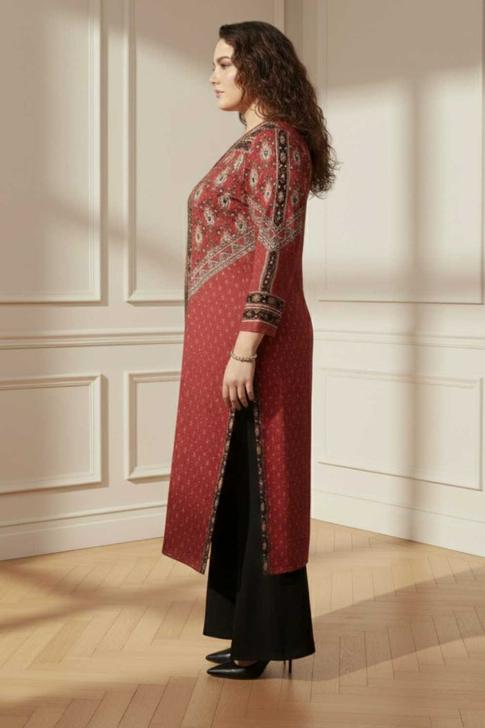 Plus Size Red Printed V Neck SnugWeave™ Winter Kurta