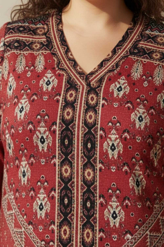 Plus Size Red Printed V Neck SnugWeave™ Winter Kurta