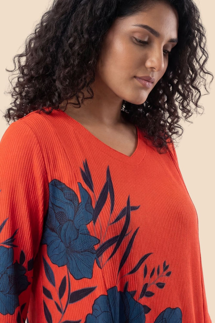Plus Size Red Teal Floral Print A-Line Dress