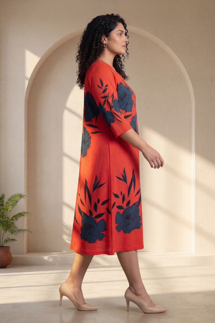 Plus Size Red Teal Floral Print A-Line Dress