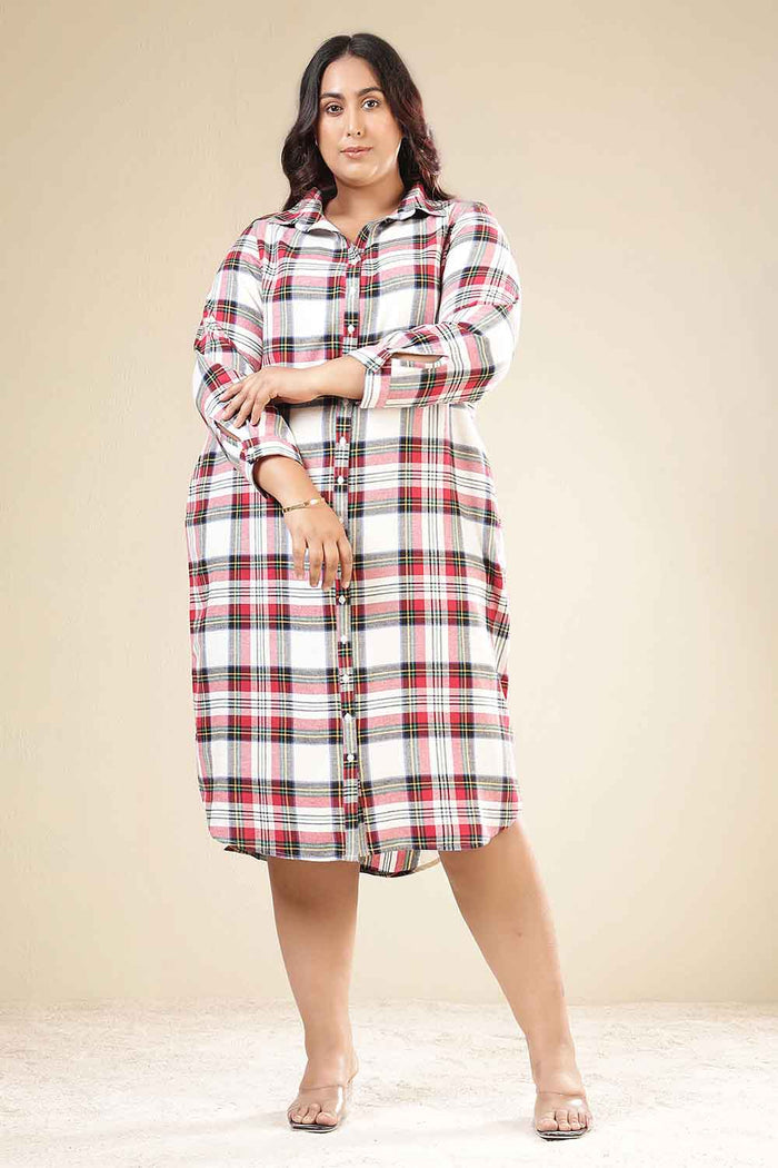 Plus Size Red & White Checkered Cotton Flannel Shirt Dress