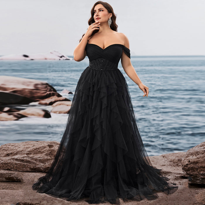 Plus Size Ruffled A Line Prom Gown Off The Shoulder Formal Party Dress - Rosymae