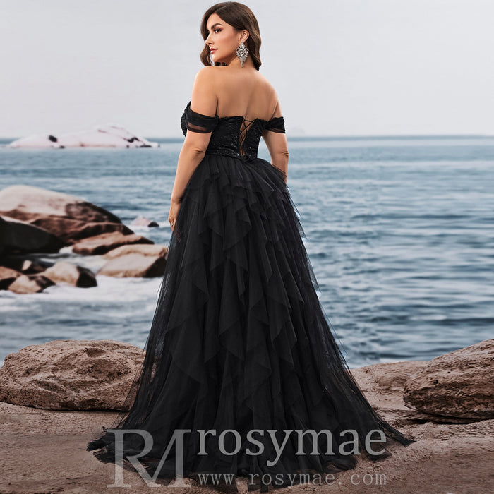 Plus Size Ruffled A Line Prom Gown Off The Shoulder Formal Party Dress - Rosymae