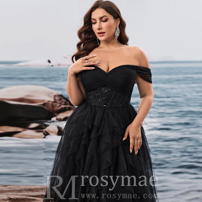 Plus Size Ruffled A Line Prom Gown Off The Shoulder Formal Party Dress - Rosymae