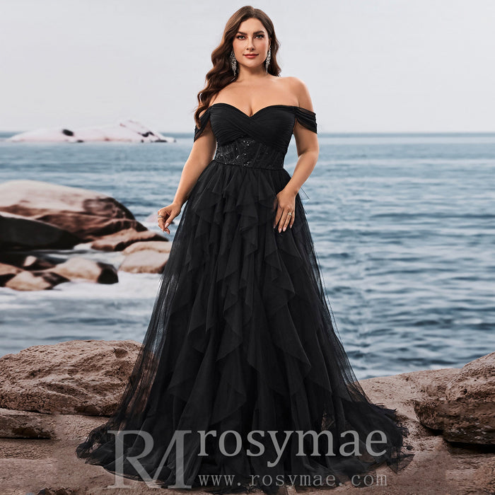 Plus Size Ruffled A Line Prom Gown Off The Shoulder Formal Party Dress - Rosymae