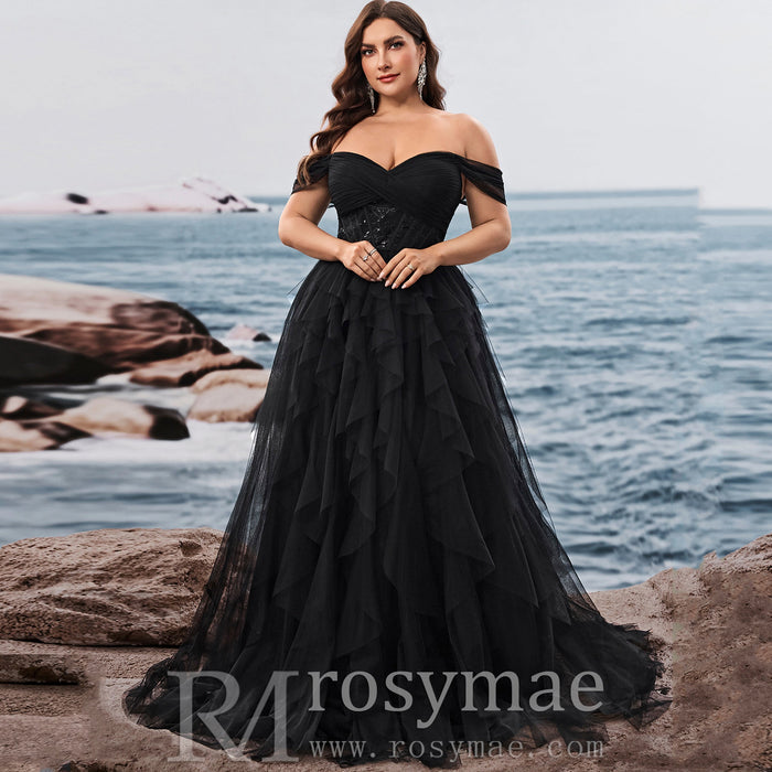 Plus Size Ruffled A Line Prom Gown Off The Shoulder Formal Party Dress - Rosymae