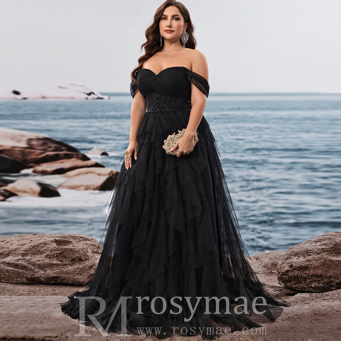 Plus Size Ruffled A Line Prom Gown Off The Shoulder Formal Party Dress - Rosymae