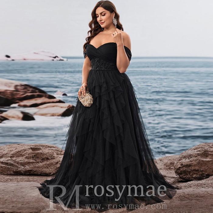 Plus Size Ruffled A Line Prom Gown Off The Shoulder Formal Party Dress - Rosymae