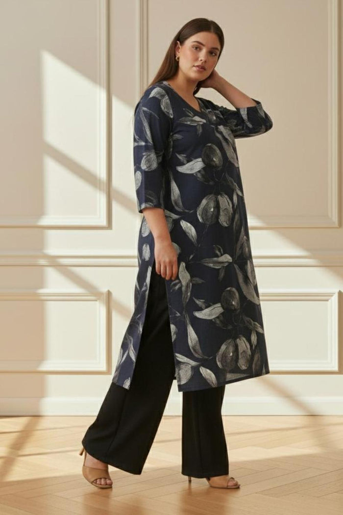 Plus Size V Neck Black SnugWeave™ Winter Kurta In Floral Print