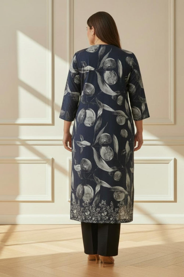 Plus Size V Neck Black SnugWeave™ Winter Kurta In Floral Print