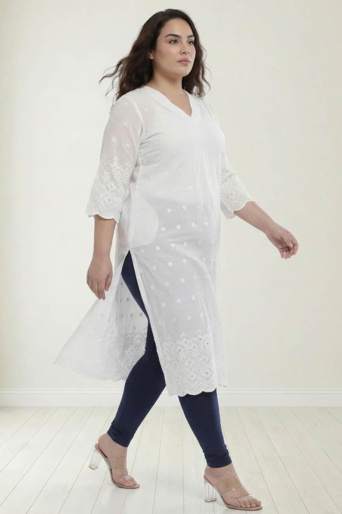 Plus Size White Cotton Schiffli V Neck Kurta