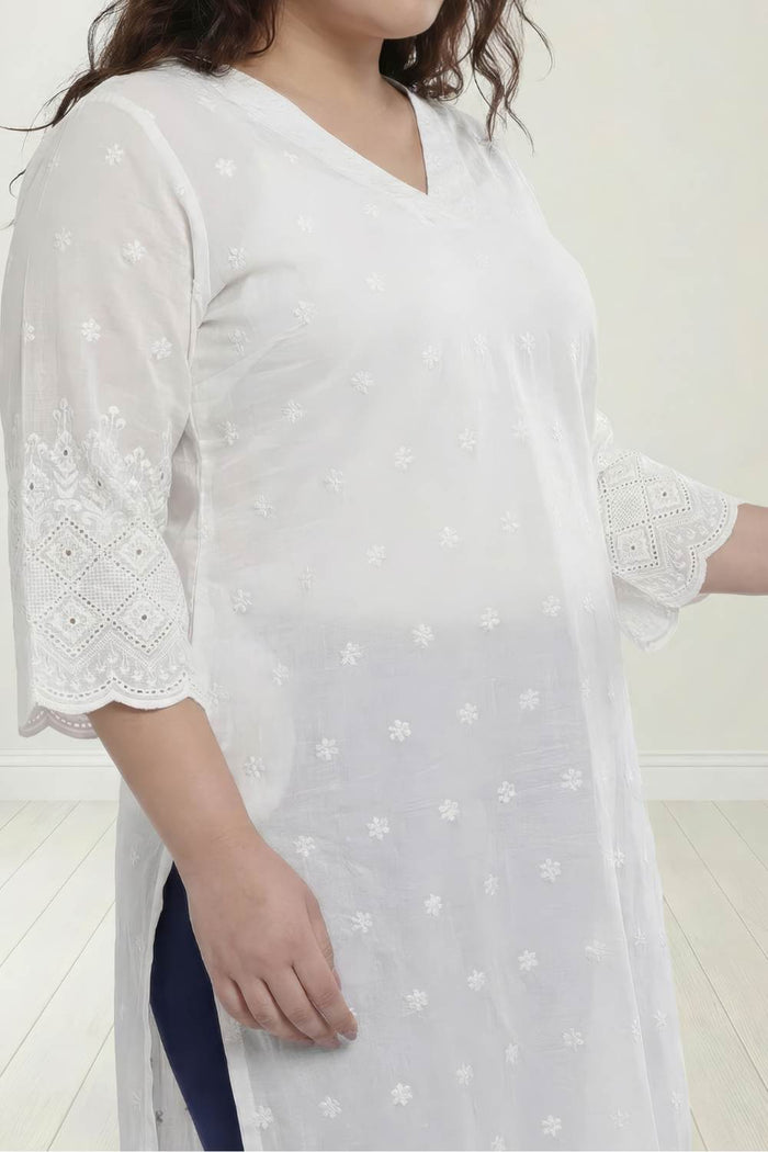 Plus Size White Cotton Schiffli V Neck Kurta
