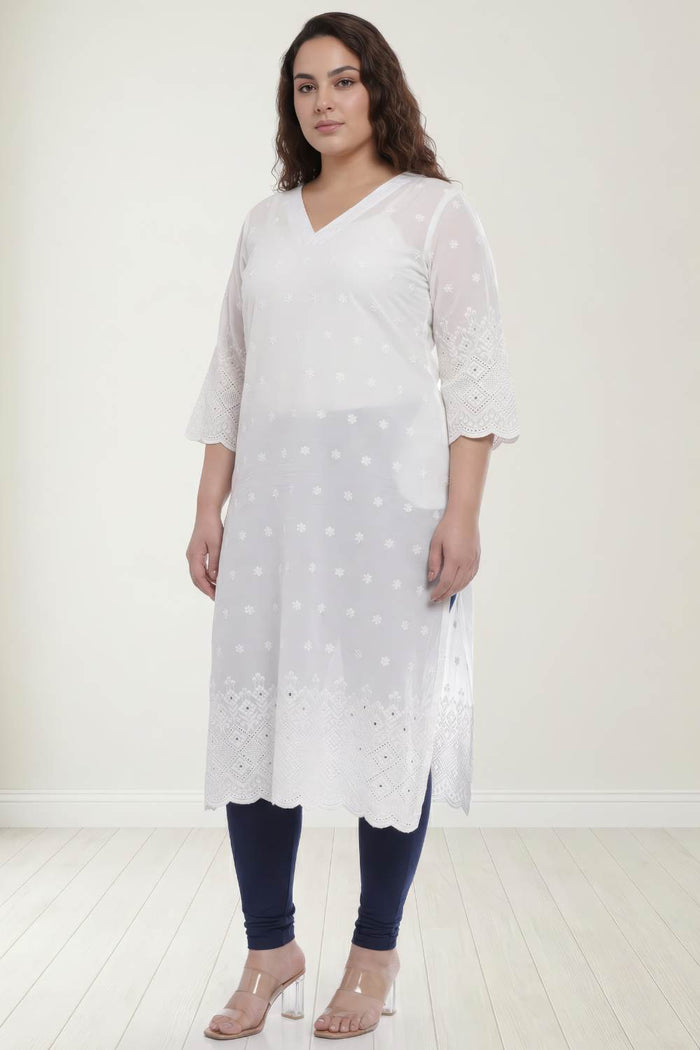 Plus Size White Cotton Schiffli V Neck Kurta