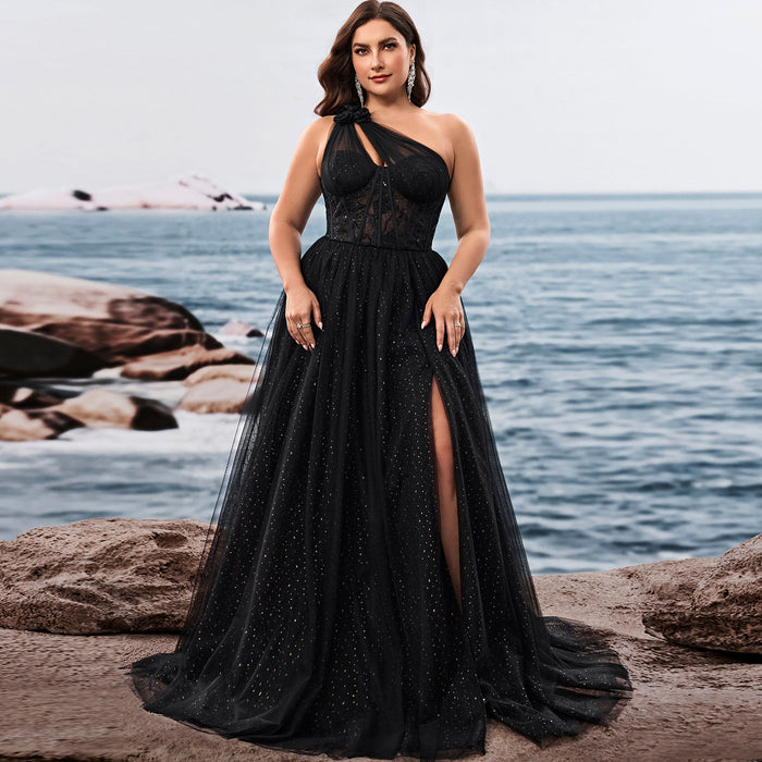 Plus Size Women's Elegant One Shoulder Chic Evening Gown with Leg Slit - Rosymae